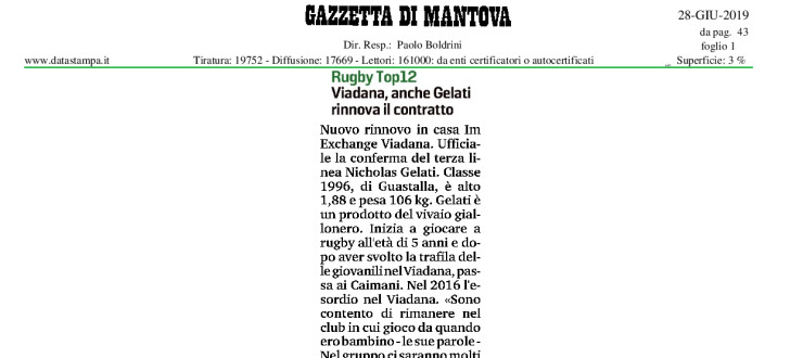 Viadana, anche Gelati rinnova il contratto