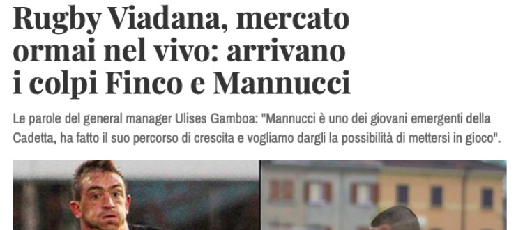 Rugby Viadana, mercato  ormai nel vivo: arrivano  i colpi Finco e Mannucci