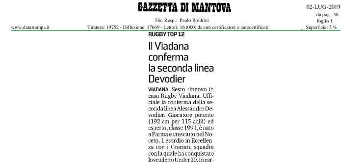 Il Viadana conferma la seconda linea Devodier