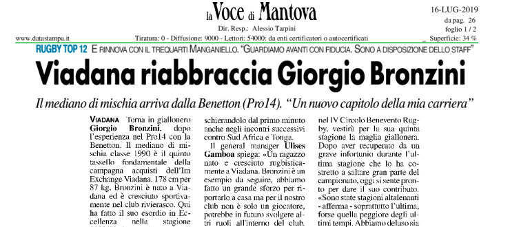 Viadana riabbraccia Giorgio Bronzini