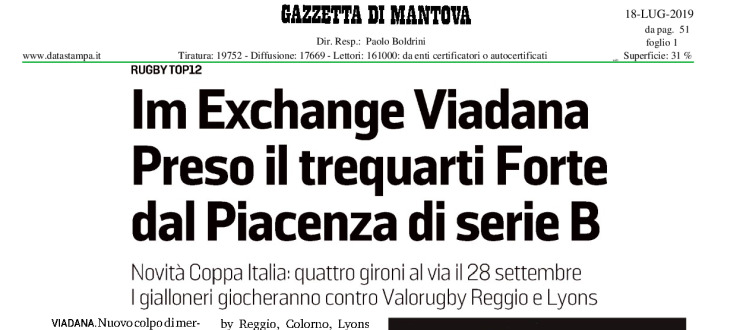 IM Exchange Viadana. Preso il trequarti Forte dal Piacenza di serie B
