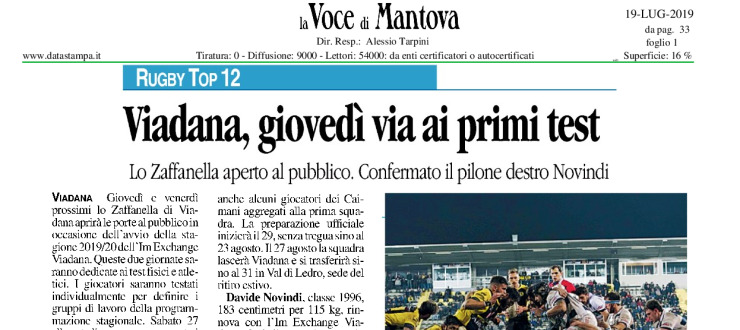 Viadana, giovedì via ai primi test