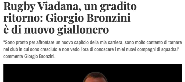Rugby Viadana, un gradito  ritorno: Giorgio Bronzini  è di nuovo giallonero