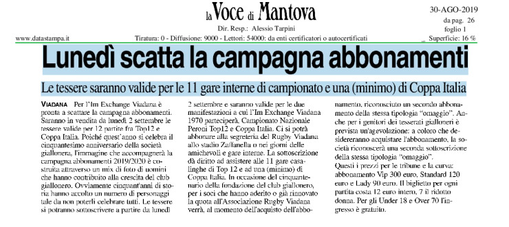 Lunedì scatta la campagna abbonamenti