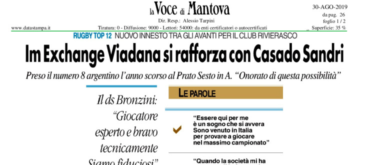 Im Exchange Viadana si rafforza con Casado Sandri