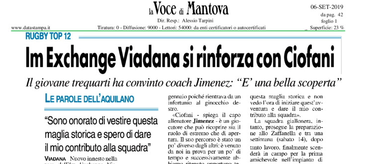 Im Exchange Viadana si rinforza con Ciofani