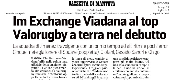 Im Exchange Viadana al top. Valorugby a terra nel debutto