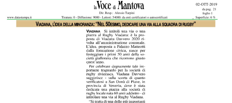 Viadana, l'idea della minoranza: "Nel 50esimo, dedicare una via alla squadra di rugby"