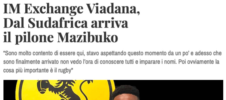 IM Exchange Viadana,  Dal Sudafrica arriva  il pilone Mazibuko