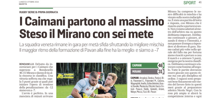 I Caimani partono al massimo. Steso il Mirano con sei mete