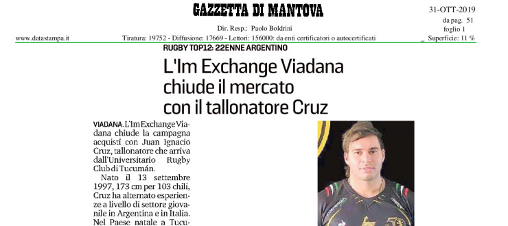 L'Im Exchange Viadana chiude il mercato con il tallonatore Cruz