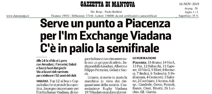 Serve un punto a Piacenza per l'Im Exchange Viadana c'è in palio la semifinale