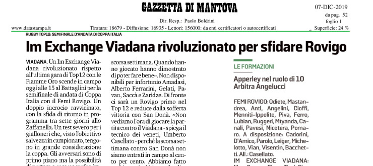 Im Exchange Viadana rivoluzionato per sfidare Rovigo