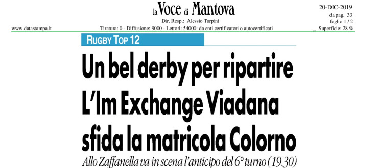 Un bel derby per ripartire. L'Im Exchange Viadana sfida la matricola Colorno