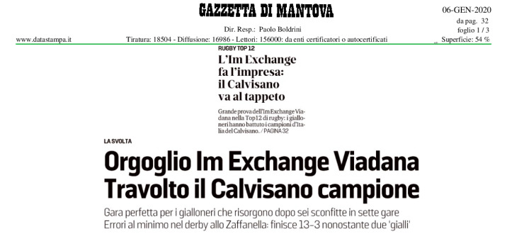 Orgoglio Im Exchange Viadana. Travolto il Calvisano campione