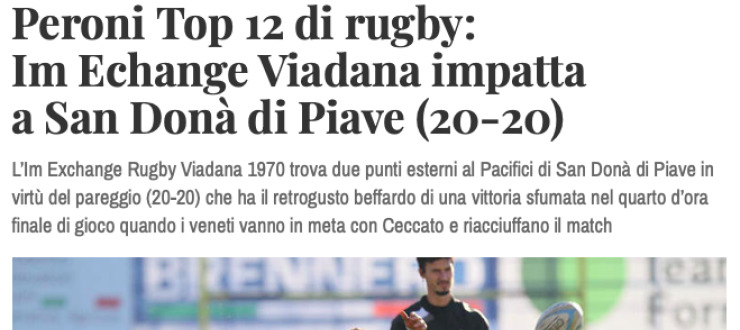 Peroni Top 12 di rugby:  Im Echange Viadana impatta  a San Donà di Piave (20-20)