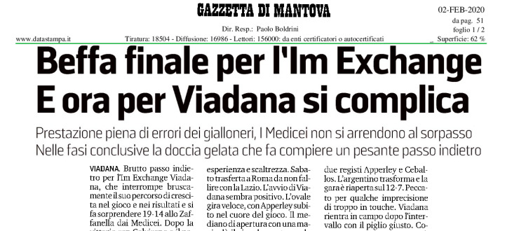 Beffa finale per l'Im Exchange. E ora per Viadana si complica