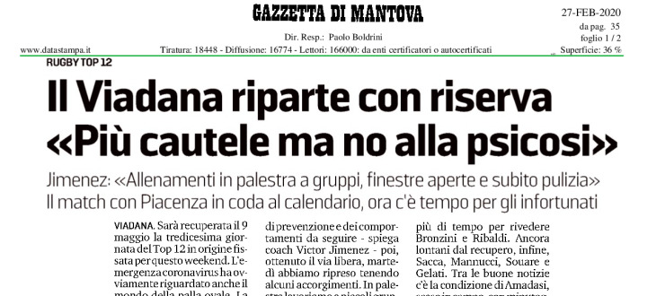 Il Viadana riparte con riserva «Più cautele ma no alla psicosi»