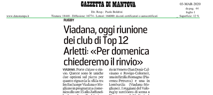 Viadana, oggi riunione dei club di Top 12. Arletti: "Per domenica chiederemo il rinvio"