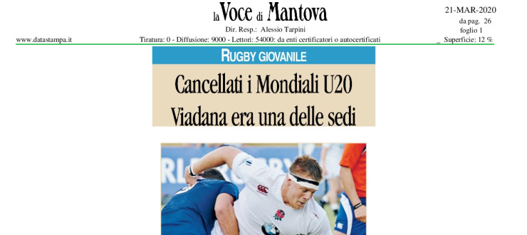 Cancellati i Mondiali U20. Viadana era una delle sedi