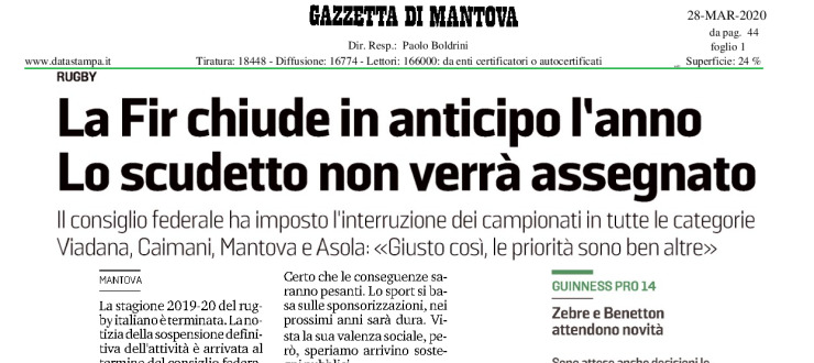 La FIR chiude in anticipo l'anno. Lo scudetto non verrà assegnato