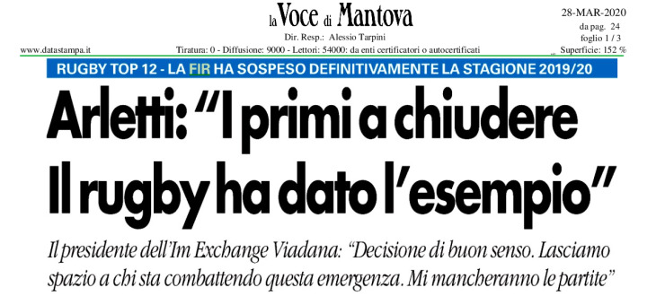Arletti: "I primi a chiudere. Il rugby ha dato l'esempio"