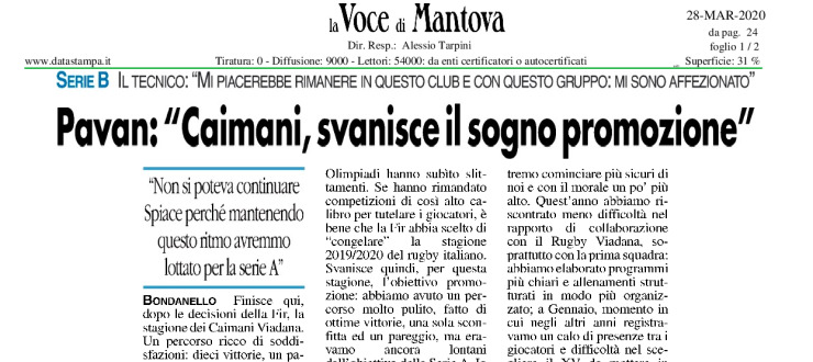 Pavan: "Caimani, svanisce il sogno promozione"