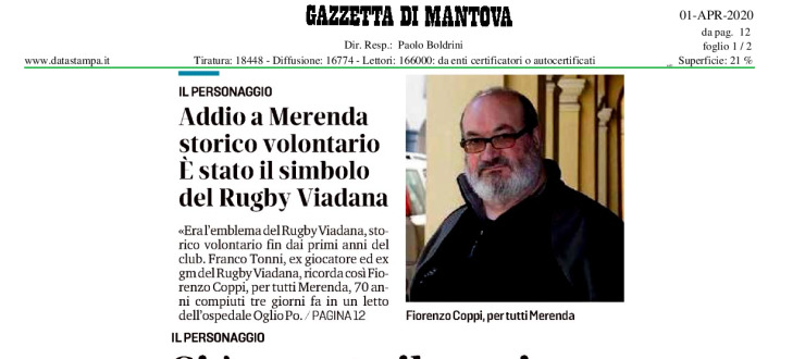 Si è spento il sorriso di "Merenda", simbolo del Rugby Viadana