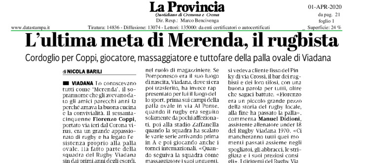 L'ultima meta di Merenda, il rugbista