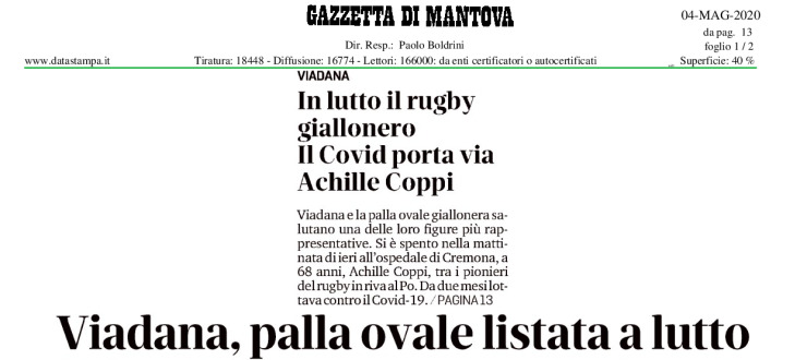 Viadana, palla ovale listata a lutto. Il Covid-19 si è portato via Coppi