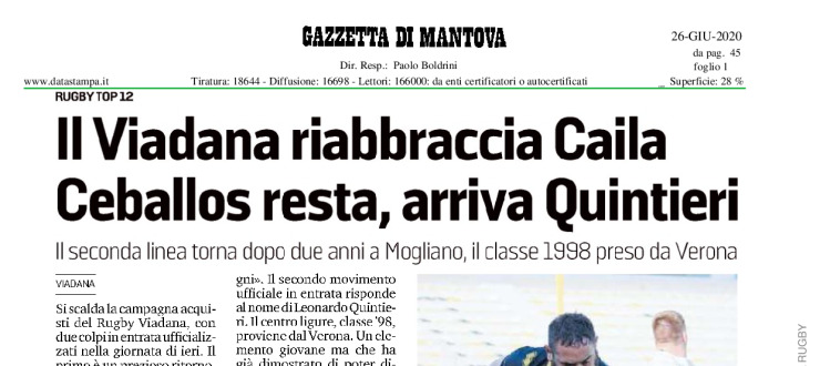 Il Viadana riabbraccia Caila. Ceballos resta, arriva Quintieri