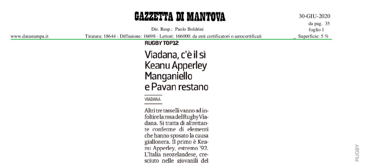 Viadana, c'è il sì. Keanu Apperley, Manganiello e Pavan restano