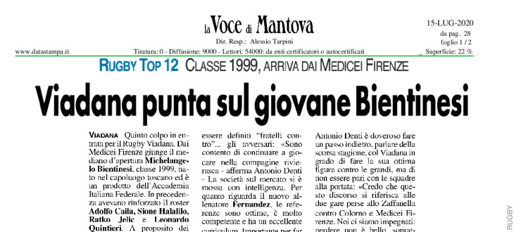 Viadana punta sul giovane Bientinesi