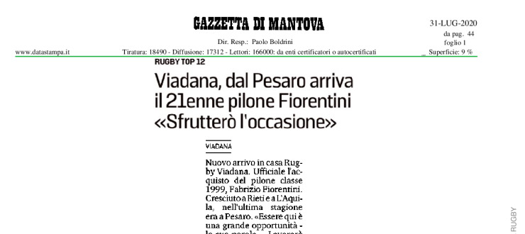 Viadana, dal Pesaro arriva il 21enne pilone Fiorentini "Sfrutterò l'occasione"