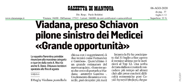 Viadana, preso Schiavon pilone sinistro dei Medicei "Grande opportunità"