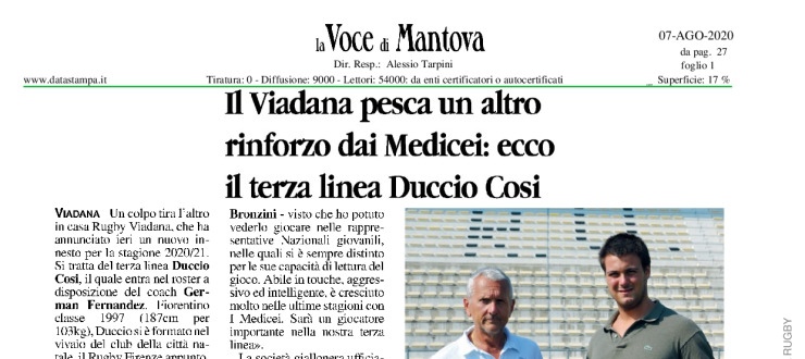 Il Viadana pesca un altro rinforzo dai Medicei: ecco il terza linea Duccio Cosi 