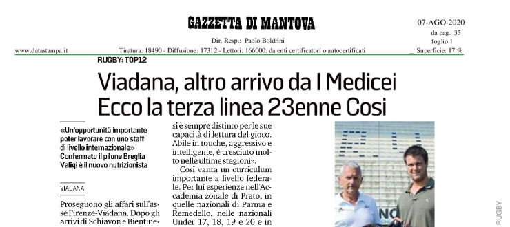 Viadana, altro arrivo da I Medicei. Ecco la terza linea 23enne Cosi