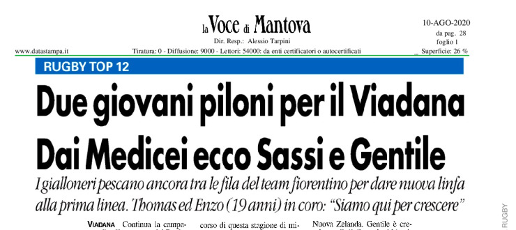 Due giovani piloni per il Viadana. Dai Medicei ecco Sassi e Gentile