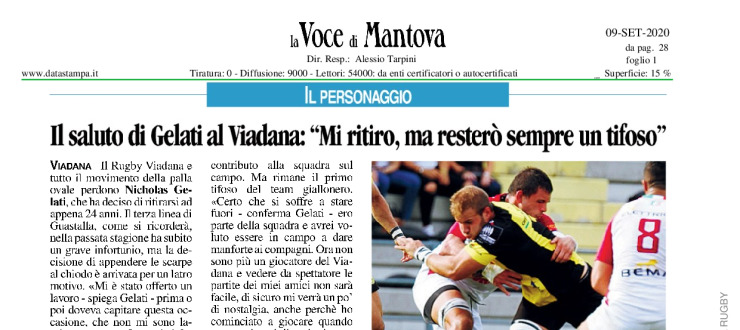 Il saluto di Gelati al Viadana. "Mi ritiro, ma resterò sempre un tifoso"