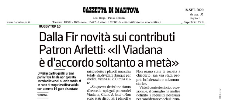 Dalla Fir novità sui contributi. Patron Arletti "Il Viadana è dáccordo soltanto a metà"  
