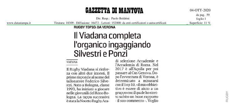 Il Viadana completa l'organico ingaggiando Silvestri e Ponzi