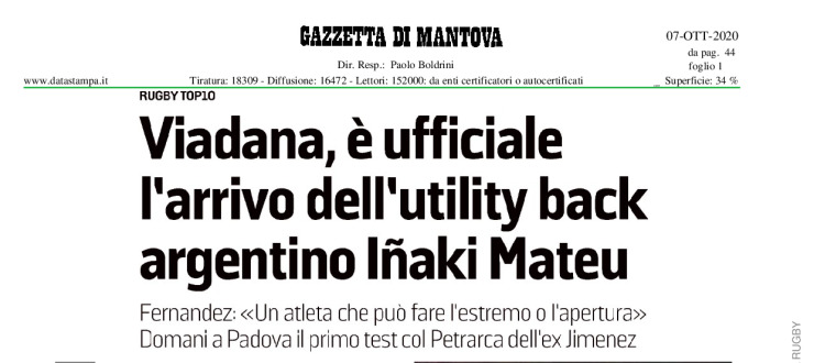 Viadana, è ufficiale l'arrivo dell'utility back argentino Iñaki Mateu