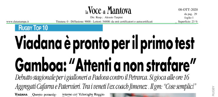 Viadana è pronto per il primo test. Gamboa: "Attenti a non strafare"