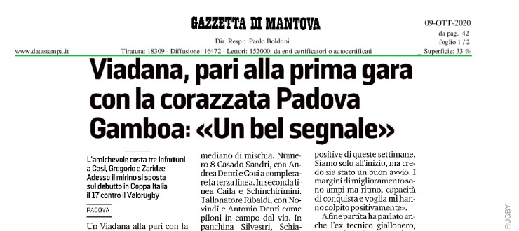 Viadana, pari alla prima gara con la corazzata Padova. Gamboa "un bel segnale"