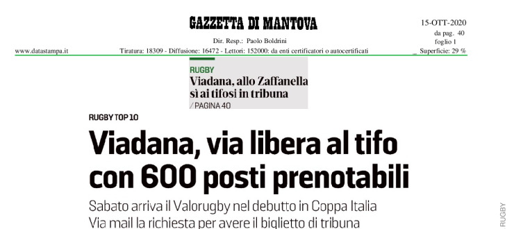 Viadana: allo Zaffanella sì ai tifosi in tribuna