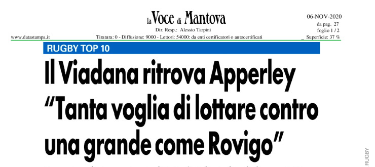Il Viadana ritrova Apperley "Tanta voglia di lottare contro una grande come Rovigo"
