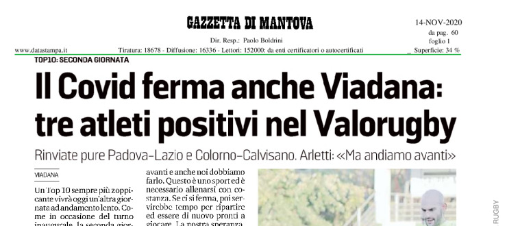 Il Covid ferma anche Viadana: tre atleti positivi nel Valorugby