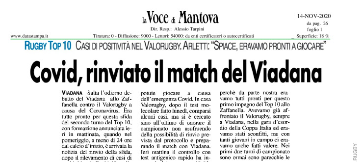 Covid, rinviato il match del Viadana