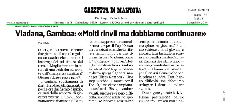 Viadana, Gamboa: "Molti rinvii ma dobbiamo continuare"