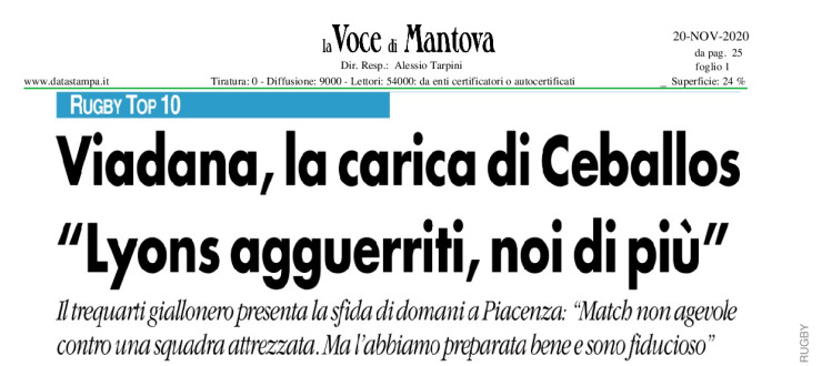 Viadana, la carica di Ceballos "Lyons agguerriti, noi di più"